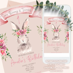 Some bunny invitation, rabbit birthday invitation, girl, bunny party invite, editable, electronic invite, printable invite, instant download