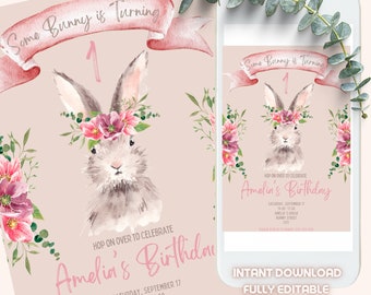 May include: A pink and white printable invitation for a first birthday party. The invitation features a watercolor illustration of a bunny wearing a flower crown. The text on the invitation reads "Some Bunny is Turning 1" and "Hop on over to celebrate Amelia's Birthday".