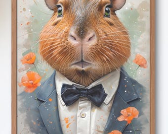 Capybara wall art print, Capybara in a tuxedo, Whimsical Capybara, Animal Wall Art print, Capybara Decor, Capybara Art, Printable Capybara,