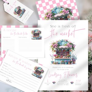 May include: A set of wedding stationery with a floral market theme. Includes a tag, invitation, recipe card, and advice card. The invitation reads "She is fresh off the market" and includes the bride's name, date, and location.