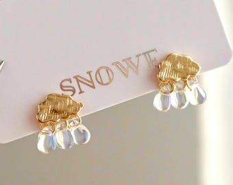 Cloud and Rain Drop Earrings, Kawaii Cloud Earrings, Vintage Abstract Earrings, Crystal Raindrop Earrings, Tiny Cute Earrings, Gift for Her