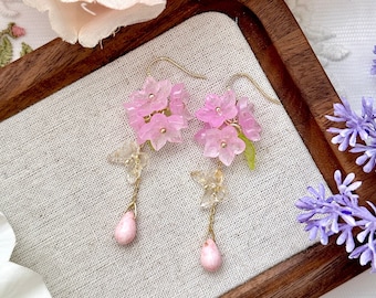 Cherry Blossom Earrings, Pink Floral Earrings, Butterfly Earrings, Cute Earrings, Sakura Earrings, Summer Dangle Earrings, Gift For Her