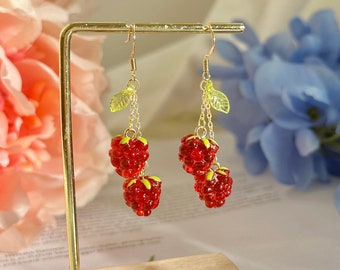 Cute Raspberry Earrings, 14K Gold Red Berry Earrings, Fruit Earrings, Summer Earrings, Aesthetic Jewelry, Funky Earrings, Gift for Her