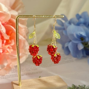 Cute Raspberry Earrings, 14K Gold Red Berry Earrings, Fruit Earrings, Summer Earrings, Aesthetic Jewelry, Funky Earrings, Gift for Her