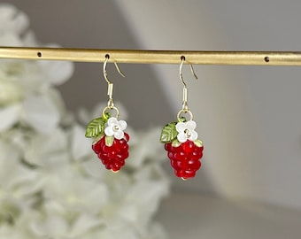 Cute Raspberry Earrings, Glass Strawberry Earrings, Food Earring, Kawaii Fruit Earrings, Aesthetic Jewelry, Statement Earrings, Gift For Her