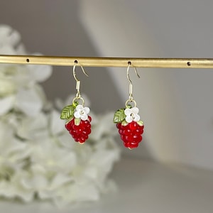 Cute Raspberry Earrings, Glass Strawberry Earrings, Food Earring, Kawaii Fruit Earrings, Aesthetic Jewelry, Statement Earring, Birthday Gift