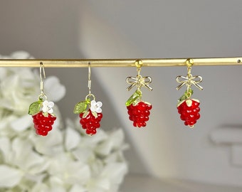 14K Gold Raspberry Earrings, Strawberry Earrings, Aesthetic Jewelry, Food Earring, Kawaii Fruit Earrings, Bow Earrings, Handmade Jewelry