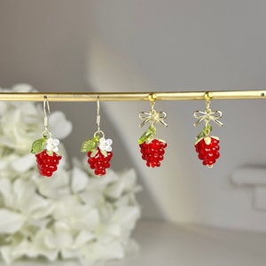 14K Gold Raspberry Earrings, Strawberry Earrings, Aesthetic Jewelry, Food Earring, Kawaii Fruit Earrings, Bow Earrings, Handmade Jewelry