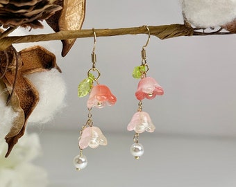 Pink Lily of the Valley Earrings, Summer Flower Earrings, Long Tassel Dangle Earrings, Handmade Jewelry, Floral Dangle Earrings,Gift For Her