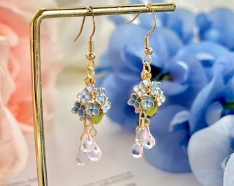 Cute Blue Flower Rain Drop Earrings, 14K Gold Dangle Earrings, Aesthetic Earrings, Statement Earrings, Handmade Jewelry for Mom, Girlfriend