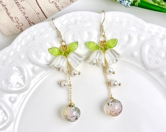 14K Gold Lily of the Valley Earrings, Bridal Earrings, Cottagecore Earrings, Boho Earrings, White Fairy Flower Earrings, Handmade Jewelry