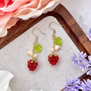 14K Gold Cute Raspberry Earrings, Red Berry Earrings, Floral Earrings, Fruit Earrings, Summer Earrings, Aesthetic Jewelry, Gift for Her