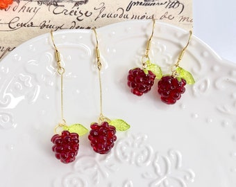 Cute Raspberry Earrings, 14K Gold Red Berry Earrings, Fruit Earrings, Summer Earrings, Aesthetic Jewelry, Funky Earrings, Gift for Her