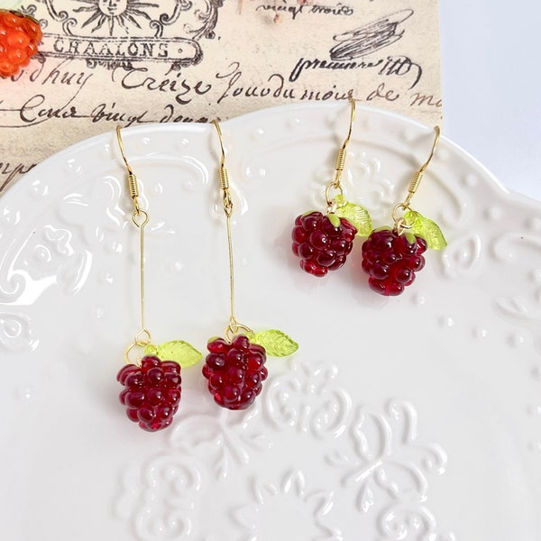 Cute Raspberry Earrings, 14K Gold Red Berry Earrings, Fruit Earrings, Summer Earrings, Aesthetic Jewelry, Funky Earrings, Gift for Her