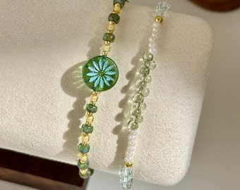 Green Flower Beaded Bracelet Set, 14k Gold Plated