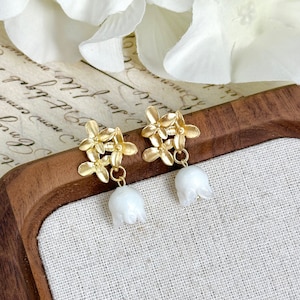 Lily of the Valley Earrings, Leaf Earrings, White Fairy Flower Earrings, Summer Cute Earrings, Cottagecore Earrings, Gifts For Her