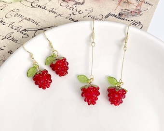 Cute Raspberry Earrings, 14K Gold Red Berry Earrings, Fruit Earrings, Summer Earrings, Aesthetic Jewelry, Funky Earrings, Xmas Gift for Her