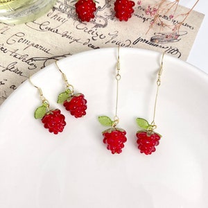 Cute Raspberry Earrings, 14K Gold Red Berry Earrings, Fruit Earrings, Summer Earrings, Aesthetic Jewelry, Funky Earrings, Xmas Gift for Her