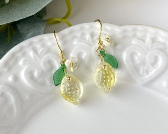 Cute Lemon Earrings, Aesthetic Jewelry, Fruit Earrings, Leaf Earrings, Cute Earrings, Statement Earrings, Kawaii Earrings, Summer Jewelry