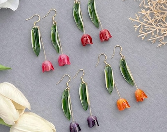 Tulip Flower Dangle Earrings, Handmade Shrink Plastic Tulip Drop Earrings, Japanese Earrings, Spring Earrings, Cute Earrings, Gift For Her