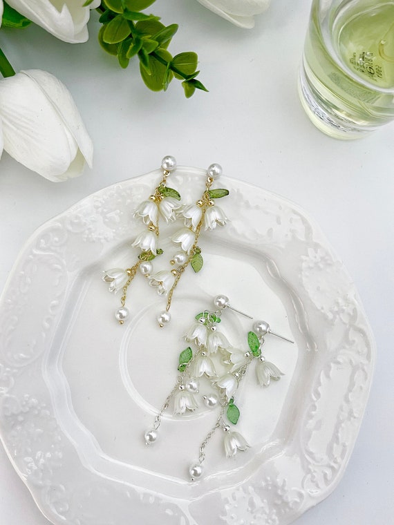 Lily of the Valley Earrings, White Fairy Flower Earrings, Cottagecore Earrings, Long Tassel Earrings, Silver Floral Unique Gifts For Her