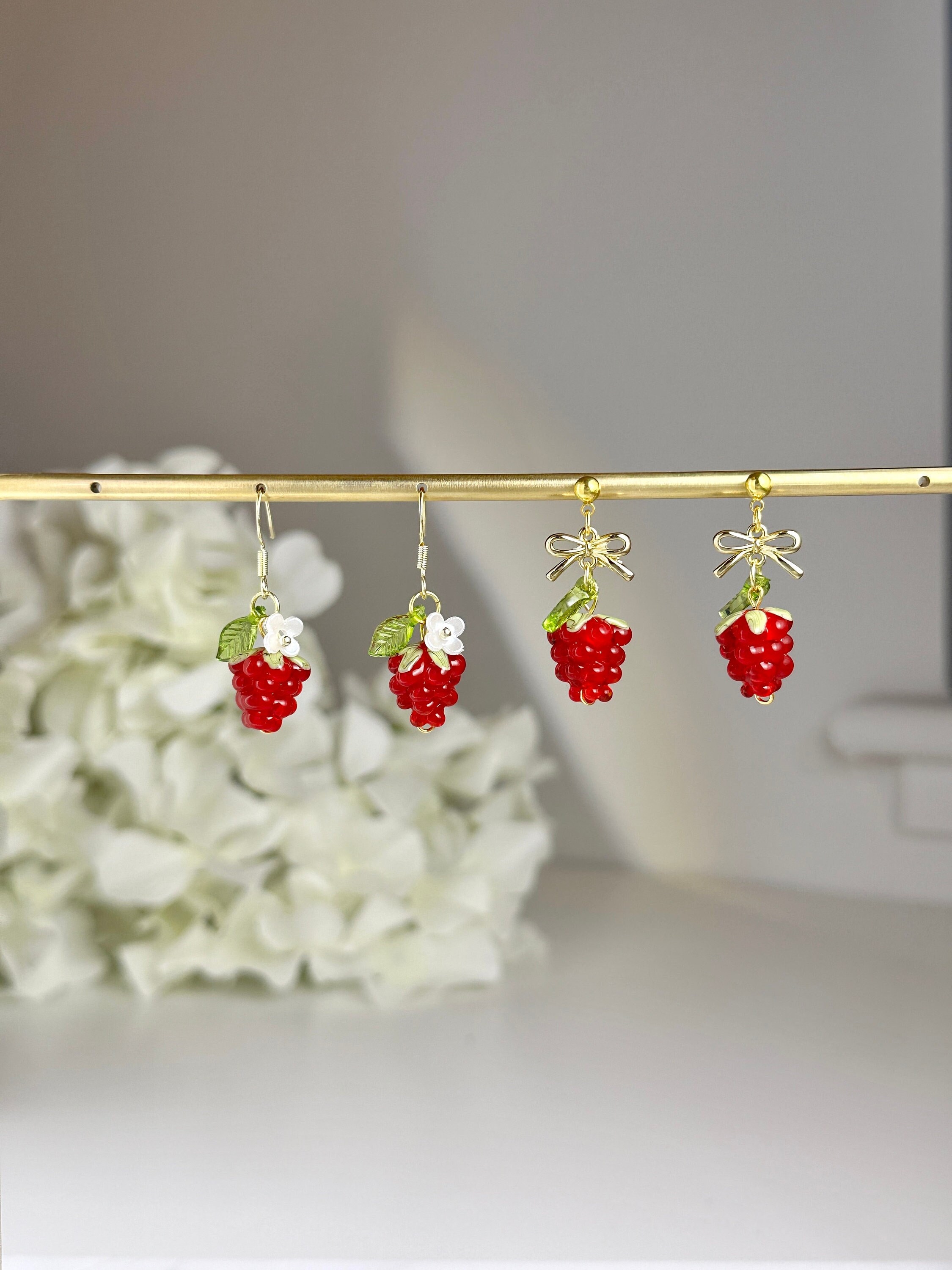 Boucles D'oreilles Pendantes Avec Fraises Et Fleurs, En Pâte Polymère