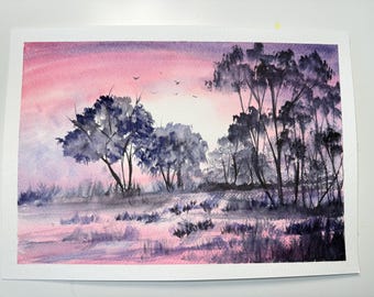 Lavender Sunset Watercolor Painting | Purple Forest Landscape | Calm Scandinavian Wall Art | Original A4 Watercolor