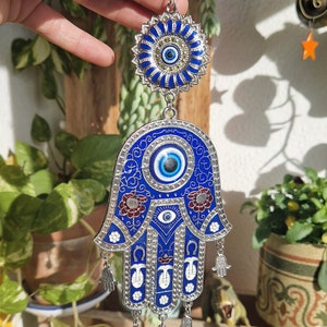 Colgante pared azul mal de ojo, Amuleto suerte Colgante mano de Hamsa, ojo turco protección de bendición, Mano Fátima regalo, casa protegida