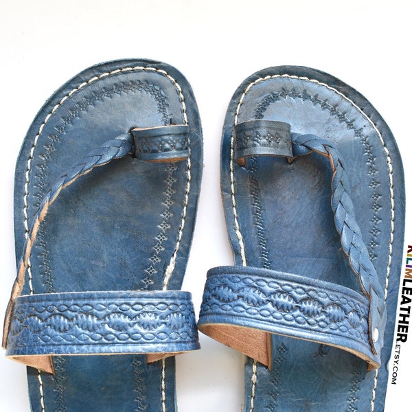 Navy blue Leather SANDALS, Traditional moroccan summer shoes, Natural leather handmade in Morocco, Vintage sandals bereber, unisex sandals