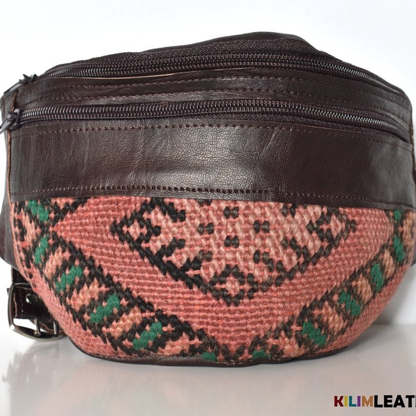 Quality leather fanny pack, Moroccan leather, Unique fanny pack design, Moroccan brown fanny pack with exclusive and unique kilim pattern