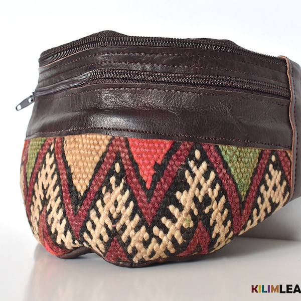 Original kilim design, Pink green rhombus leather fanny pack, quality leather moroccan bag, summer style