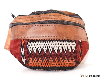 Orange red white zig zag cotton kilim design Leather Fanny Pack handmade in Morocco, Genuine Natural Leather, perfect gift, moroccan bag