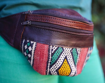 Genuine Natural Leather, Brown Leather FANNY PACK, Red Green Yellow kilim cotton, Handcrafted moroccan bag