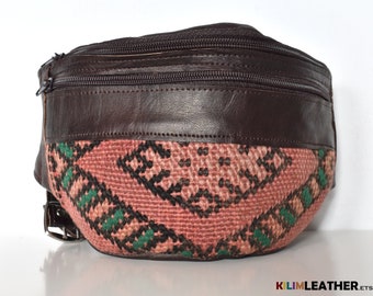 Quality leather fanny pack, Moroccan leather, Unique fanny pack design, Moroccan brown fanny pack with exclusive and unique kilim pattern