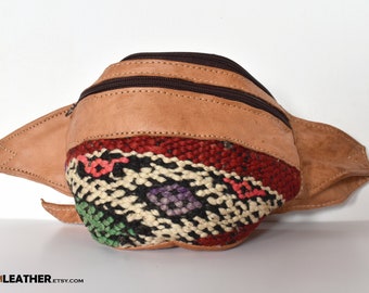 Leather BAG cotton pattern unique design, Leather fanny pack, handmade in Morocco