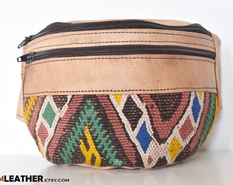 Kilim leather fanny pack green yellow white blue and black, moroccan handmade, Leather fanny pack moroccan, style hippie Genuine Leather