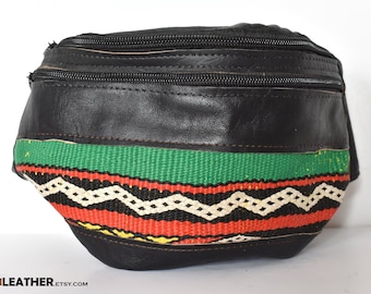 Black leather fanny pack moroccan, boho style hippie, kilim cotton unique bag, Genuine Natural Leather