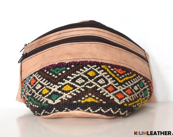 Sac banane en cuir original avec un design kilim unique, cuir marron fabriqué à la main, cuir naturel véritable, sac pour homme femme, original unique