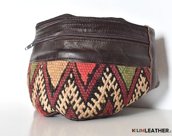 Original kilim design, Pink green rhombus leather fanny pack, quality leather moroccan bag, summer style