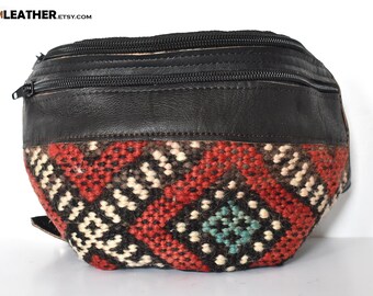 Red and white kilim cotton, Handcrafted moroccan bag, Genuine Natural Leather, perfect gift For man and woman, Brown Leather FANNY PACK