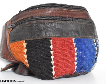 Brown leather fanny pack with unique pattern design cotton, Unique design for you, small moroccan bag