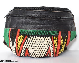 Handcrafted Black Leather FANNY PACK, Genuine moroccan Natural Leather, Bag For man and woman, Gift for him and her, Kilim geometric Bag red