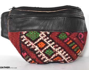 Unique kilim design black leather fanny pack, Handcrafted bag, Genuine Natural Leather, Bag For man and woman, Gift for him and her