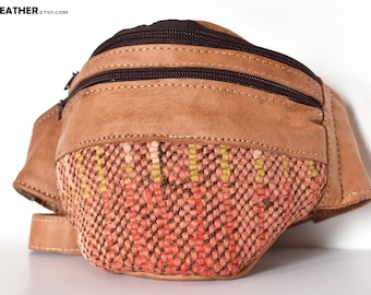 Leather belt bag with PINK embroidered kilim wool, Leather FANNY PACK cotton, Handcrafted Genuine Natural Leather, original unique