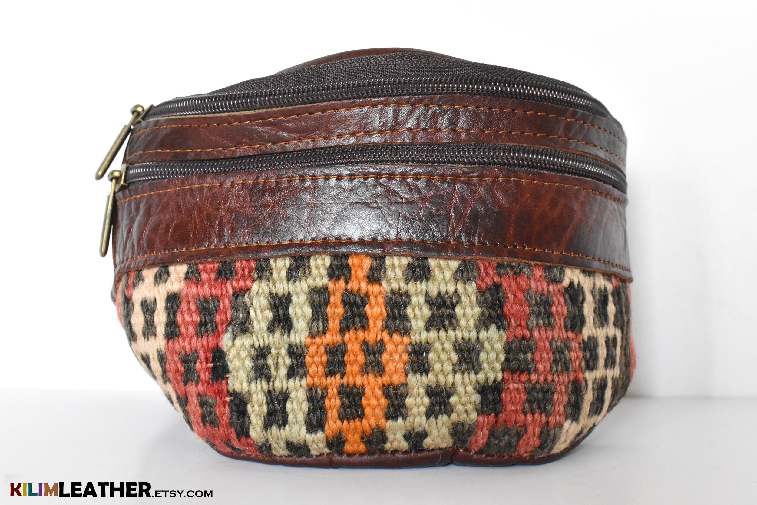 Brown Leather FANNY PACK, Red Green Orange kilim cotton, Handcrafted moroccan bag, Genuine Natural Leather, perfect gift For man and woman