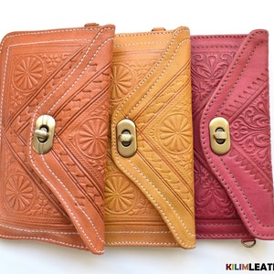 Cartera de piel con detalles florales de relieve, Monedero de piel, Varios colores para elegir, hecho a mano, estilo marroquí, bolso pequeño