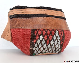 Red and white design Kilim moroccan FANNY PACK Leather, Handcrafted Brown Leather, Bag For man and woman, Gift for him and her, Red white