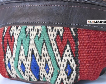 Red Blue Green kilim cotton, Handcrafted Brown Leather FANNY PACK, Genuine Natural Leather, Bag For man and woman, Gift for him and her