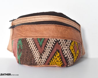 Green Yellow and White FANNY PACK kilim cotton, Handcrafted Brown Leather, Genuine Natural Leather, Bag For man and woman, original unique