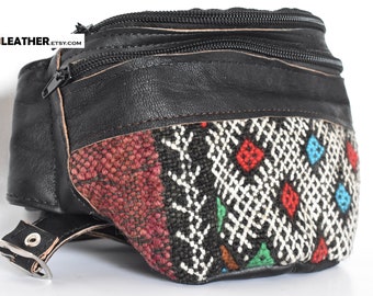 Black leather fanny pack with unique pattern design cotton kilim red green blue and white, Unique design for you, small moroccan bag